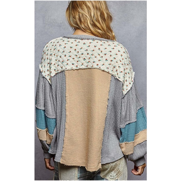 POL Women's Long Sleeve Patchwork Top - Blue, Gray, Tan - Picture 2 of 4